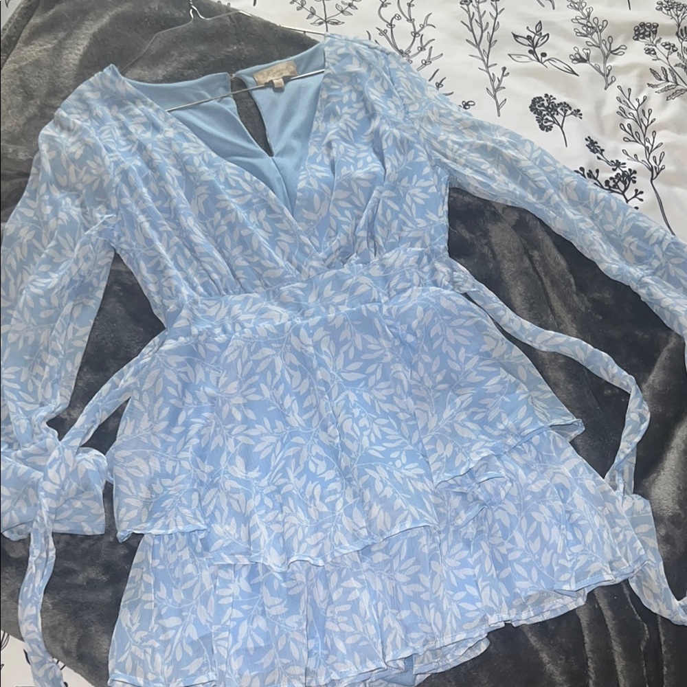 Light Blue Floral Tiered Long-Sleeve Dress